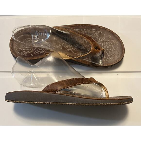 Olukai Paniolo Brown Leather Flip Flops Women's Size 10 Beach Thong Sandals - Picture 1 of 7